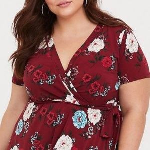 Torrid Red Floral Wrap Babydoll Blouse